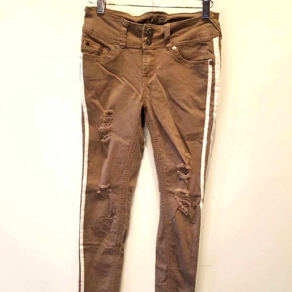 Wallflower Mid Rise Skinny Jeans Tan Brown Distressed Juniors Size 1‎